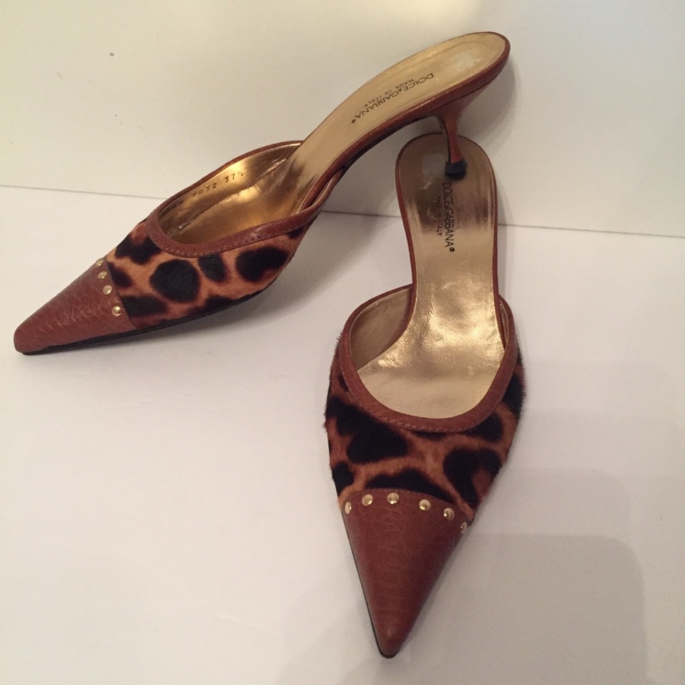 DOLCE & GABBANA HEELS MULES BROWN ANIMAL PRINT LEATHER SHOES STUDS Size 7.5